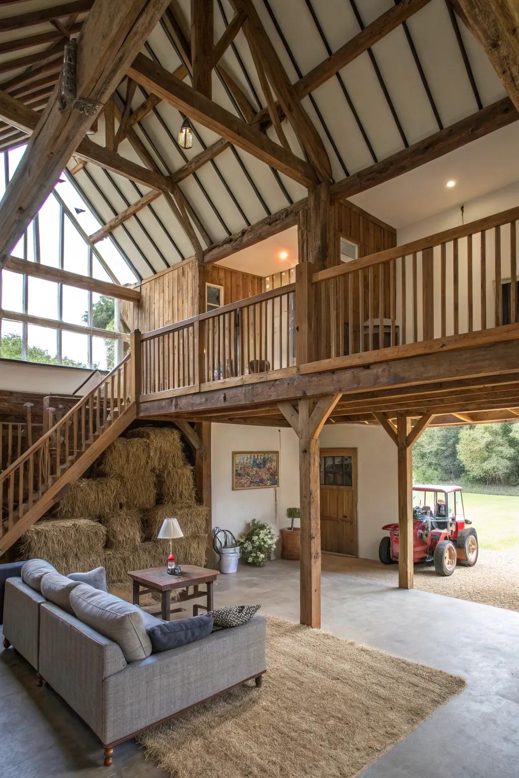 A barn loft with a mid-level platform, offering additional space and style.