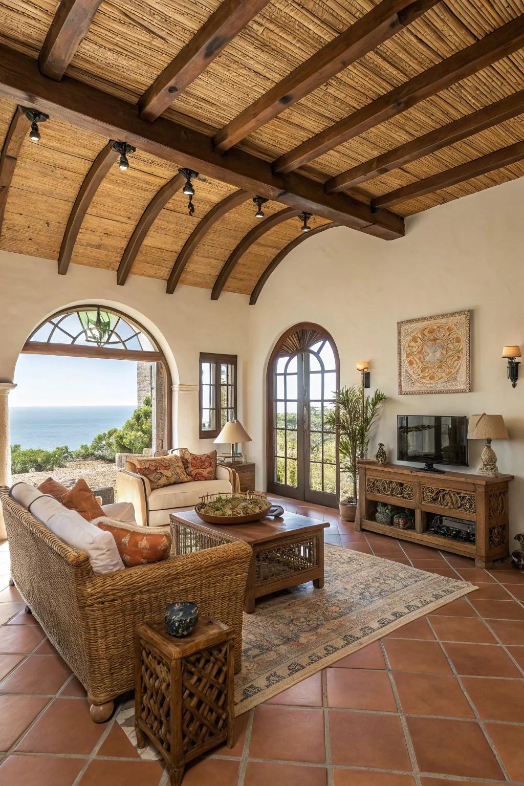 A Mediterranean-inspired lounge showcasing a toasty barrel ceiling.