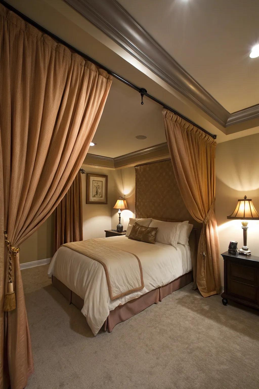 Drapery creates a softer and more luxurious feel in any basement bedroom.