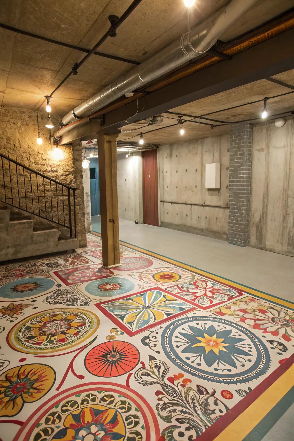 Marmoleum floor covering gives vibrant design possibilities and warmth on cement.