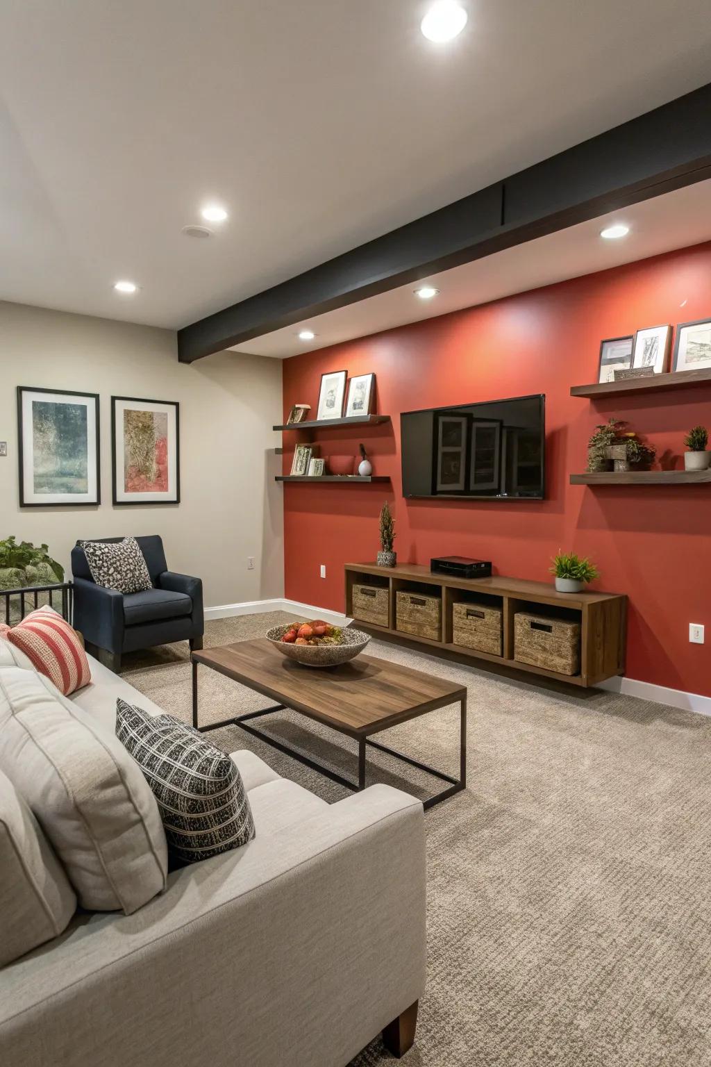 A highlight wall injects character and intrigue into this basement family area.