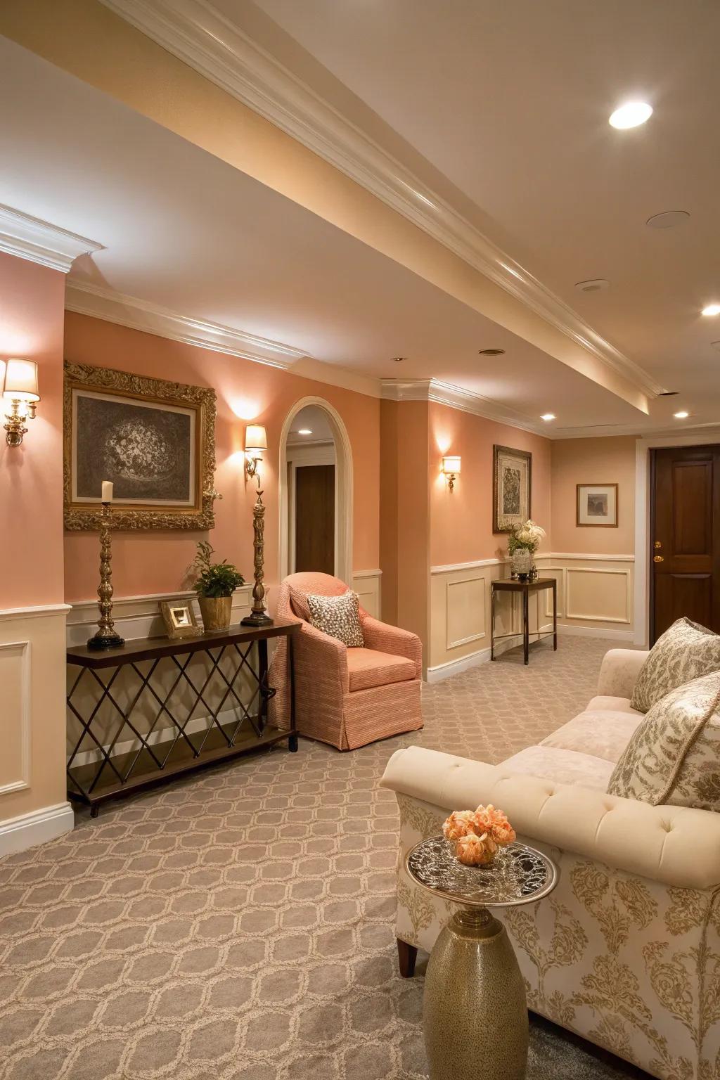 Delicate coral walls lend subtle elegance to this chic basement.