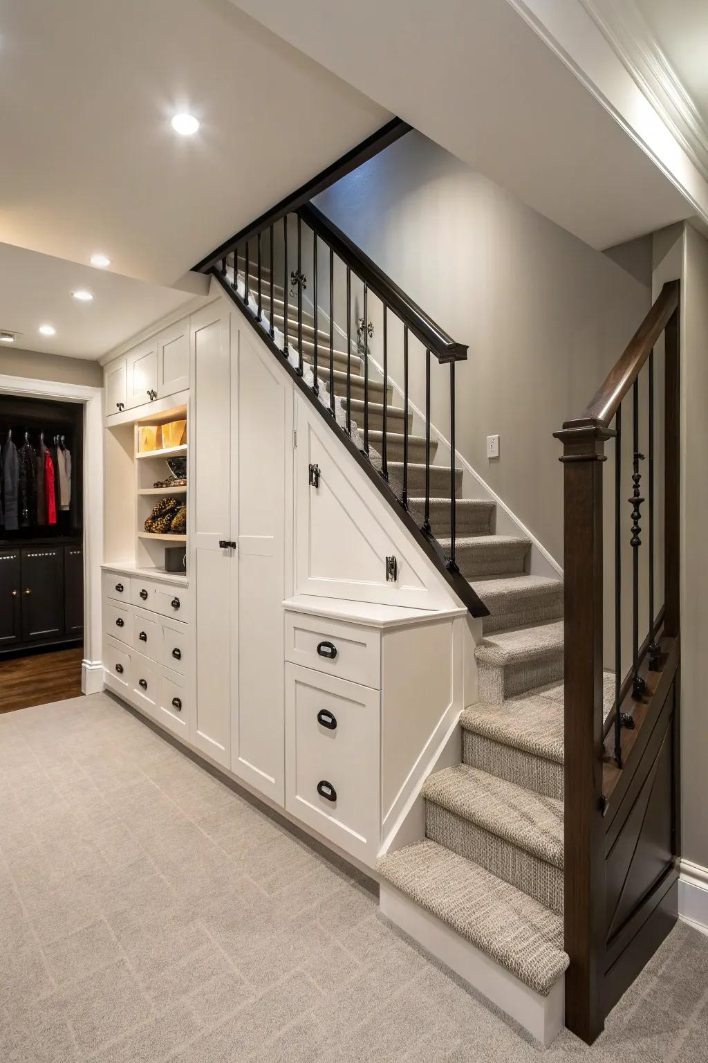 Tailored cabinets offer refined and orderly below-step storage.