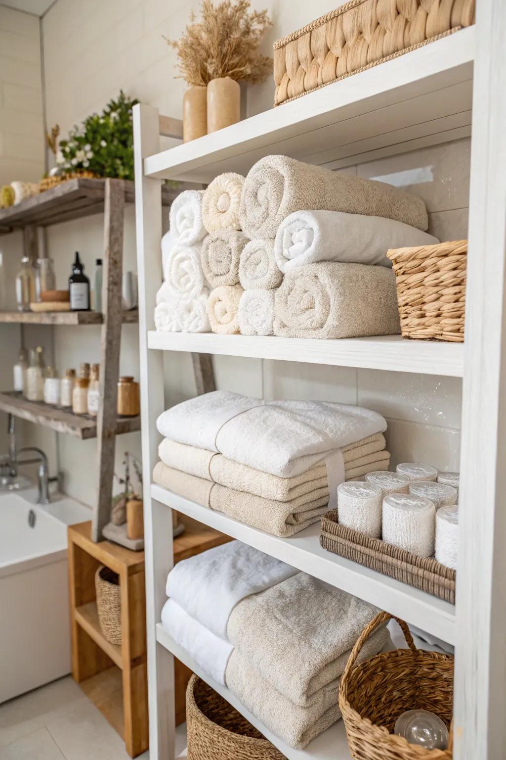 Plush towels and neutral shades creating a spa-like atmosphere.