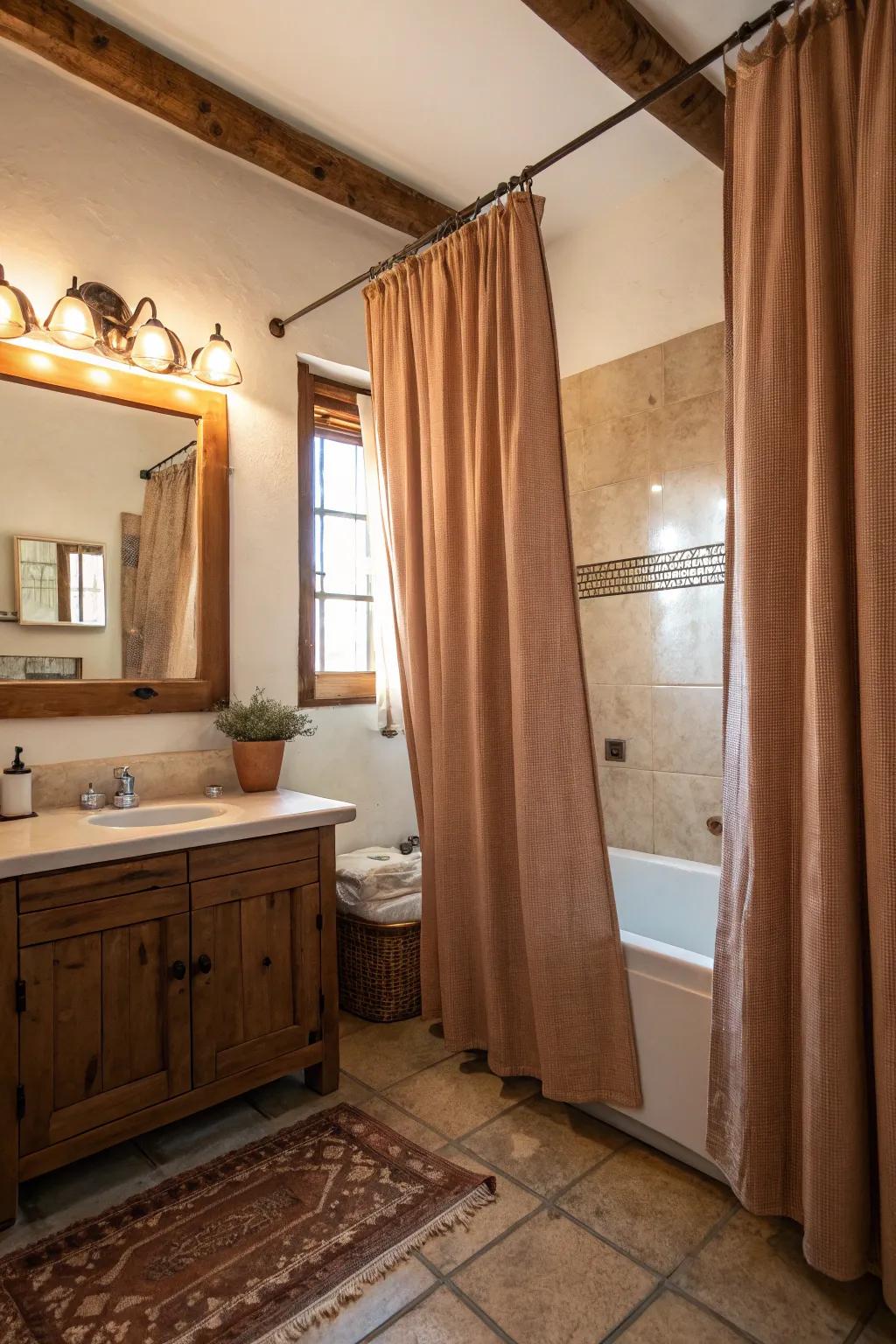 Your restroom gains warmth and comfort from earthy tones.