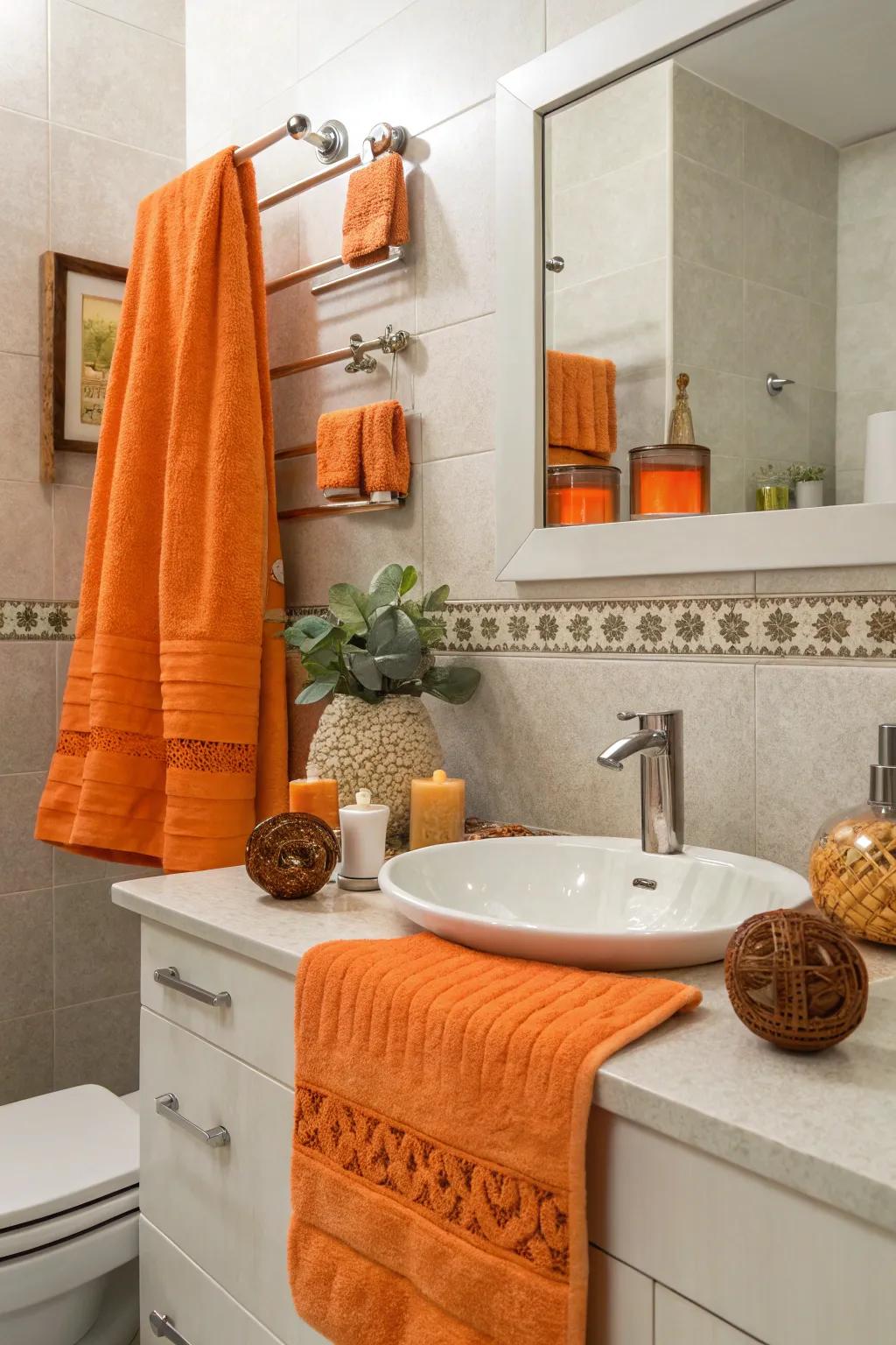 A bathroom enlivened with unanticipated burst of color, contributing vibrancy and charm.