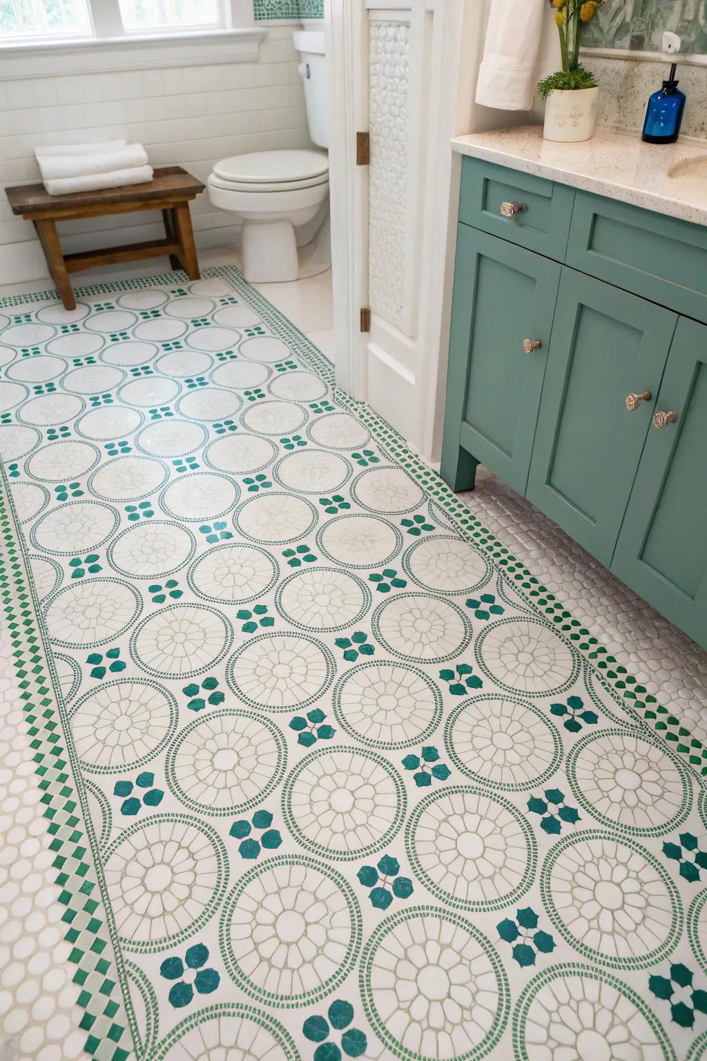 Coin floorings bring a retro flair through playful patterns.