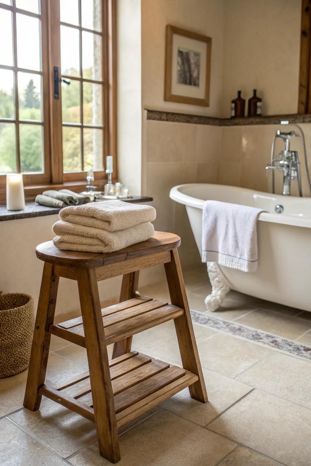 A footrest or chair injects an unanticipated revolution into towel safekeeping.