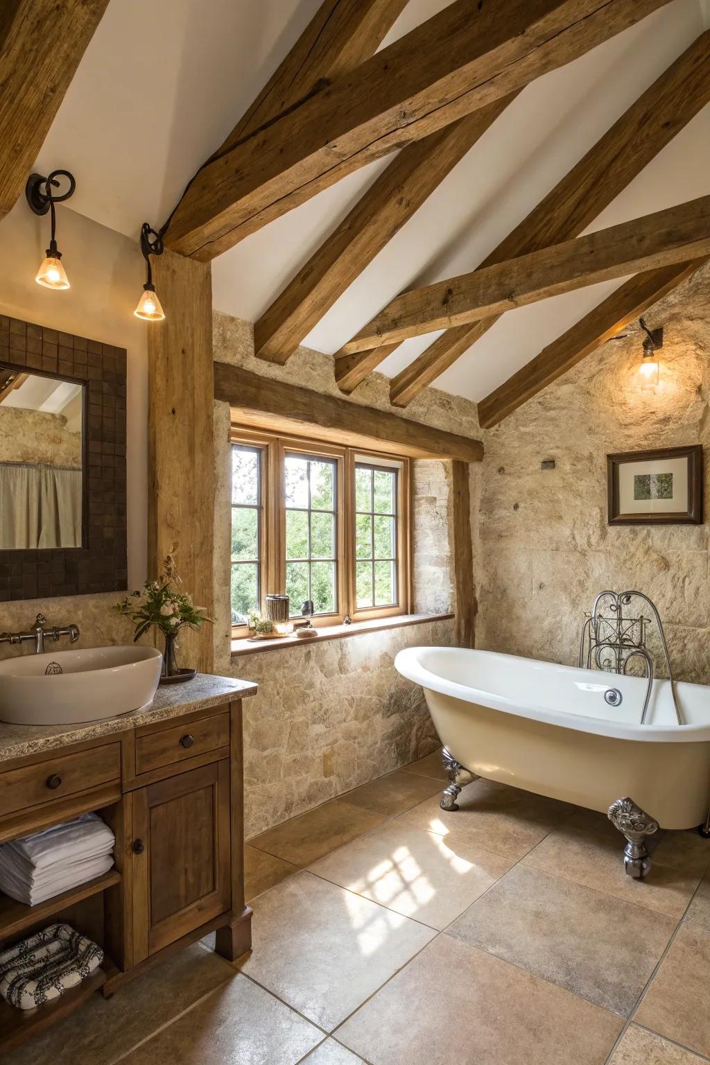 A bathroom spotlighting structural features for an original charm.