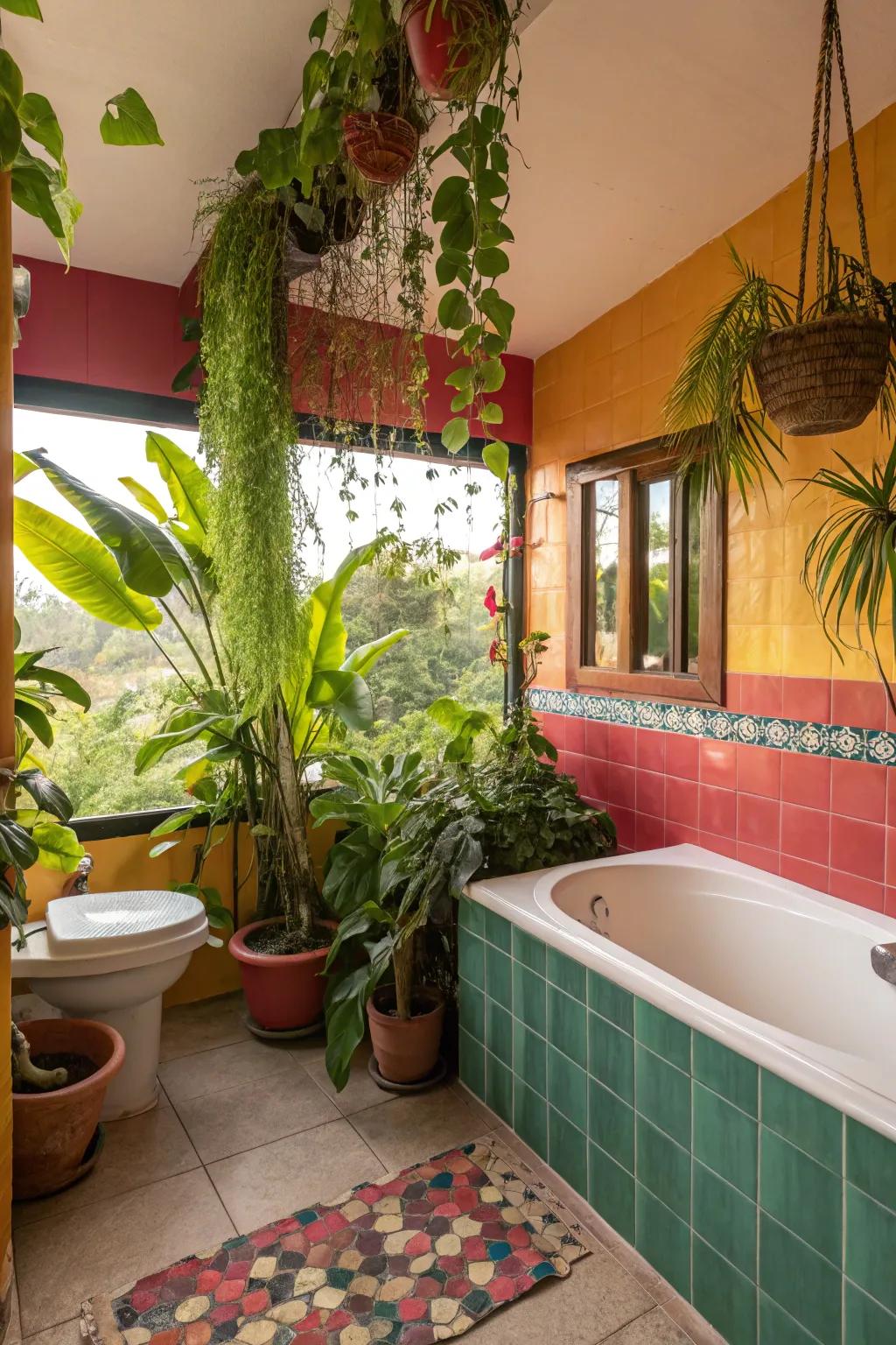 Get away to a tropical paradise using vivid, lush bathroom design.