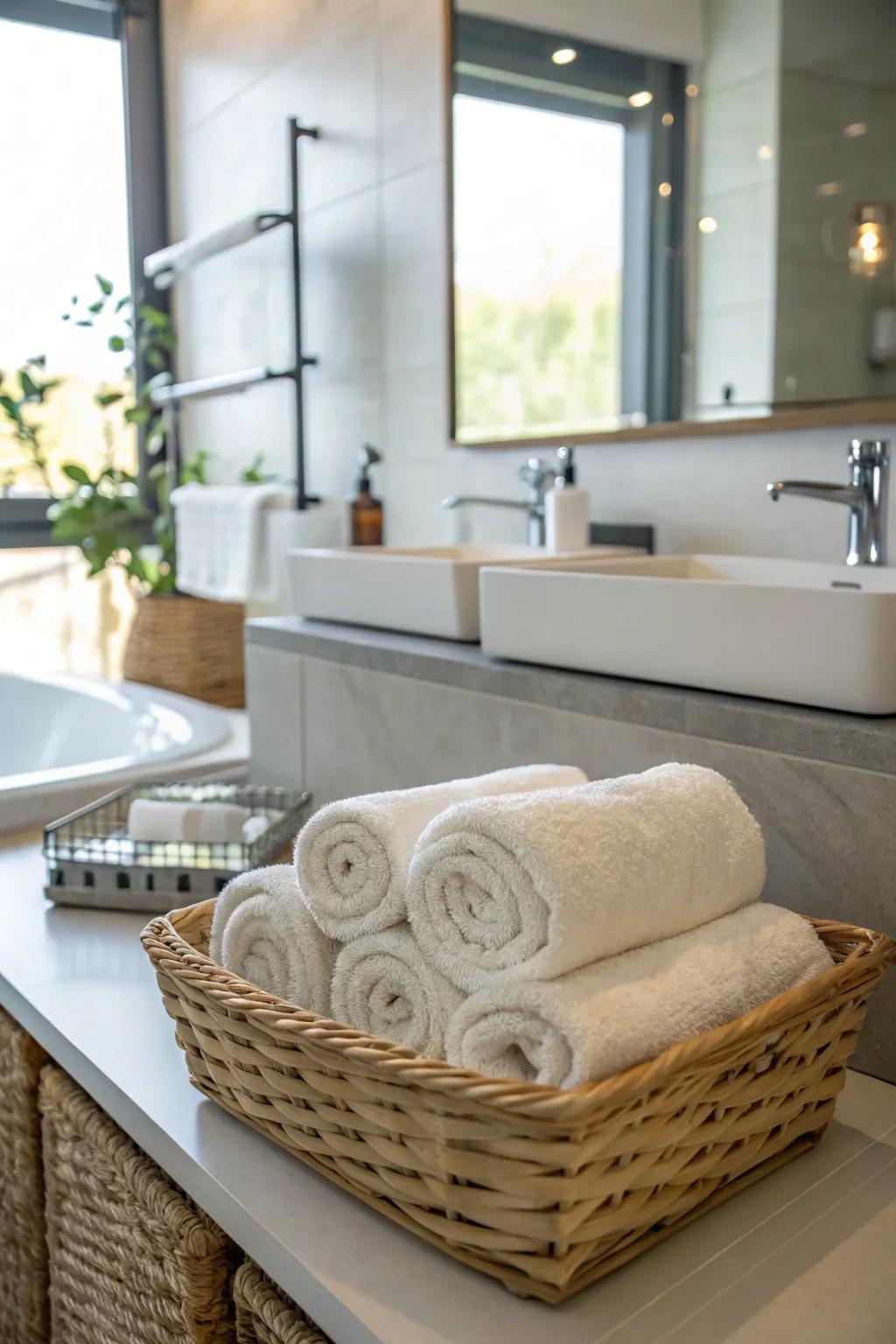 With rolled towels in fashionable baskets, create a cozy atmosphere.
