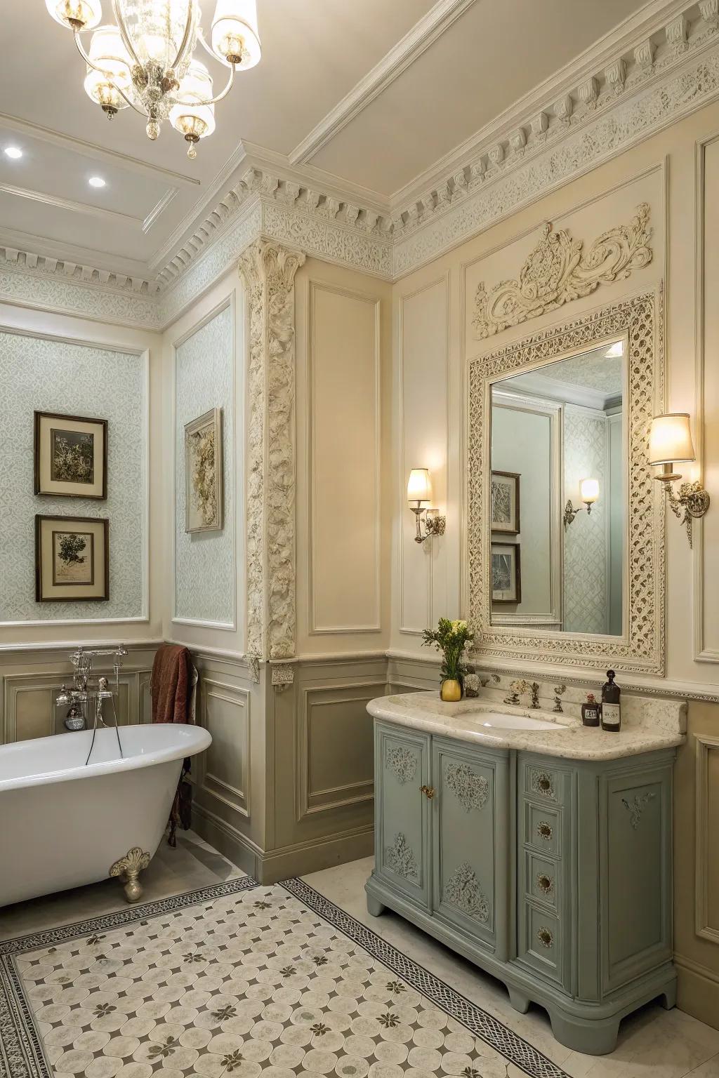Wall moulding adds architectural interest to washroom walls.