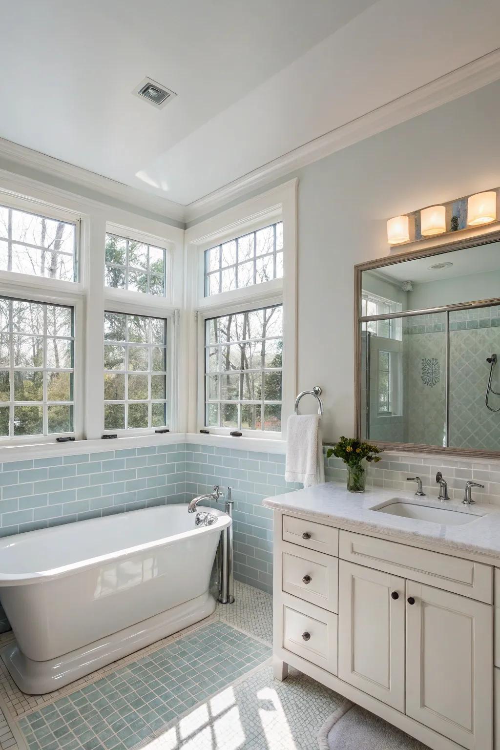 Transom windows delivering extra illumination while preserving solitude in the restroom.