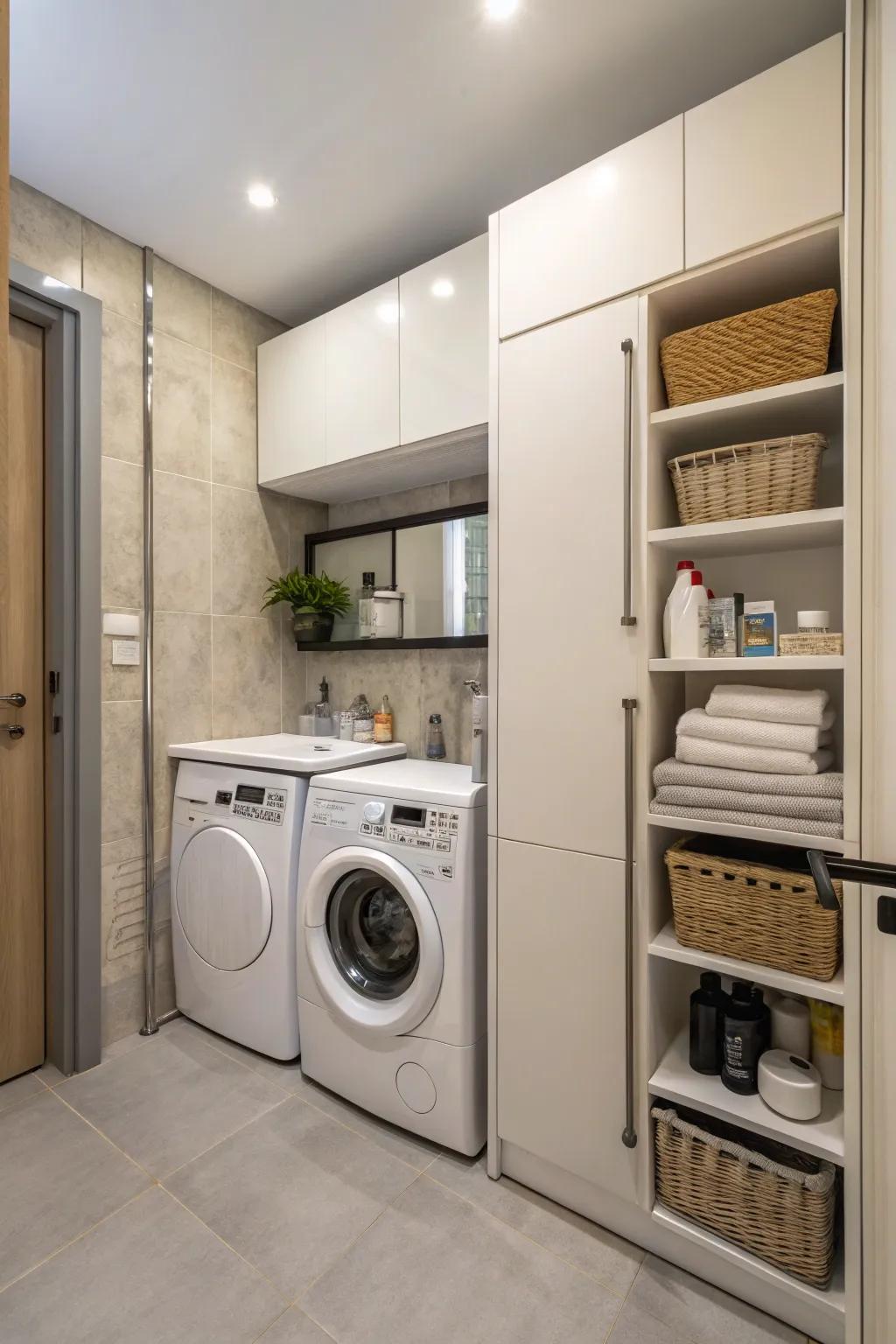 A compact design integrating laundry appliances cleverly.