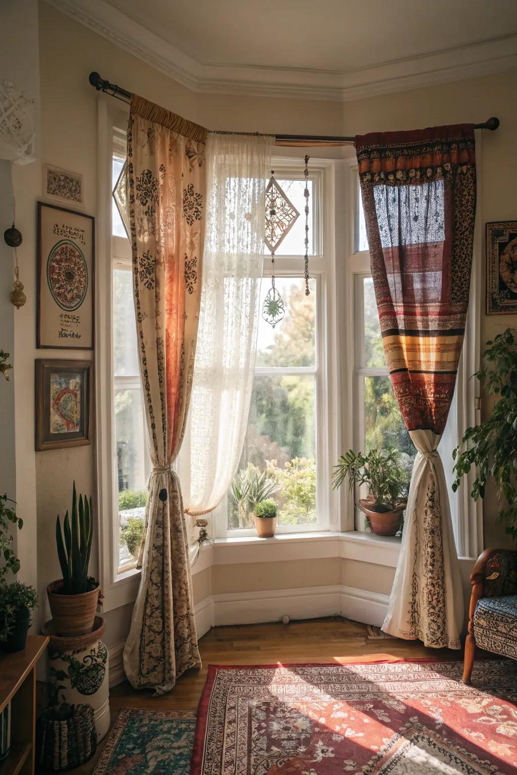 Boho window coverings present a relaxed and artistic feel to bay windows.