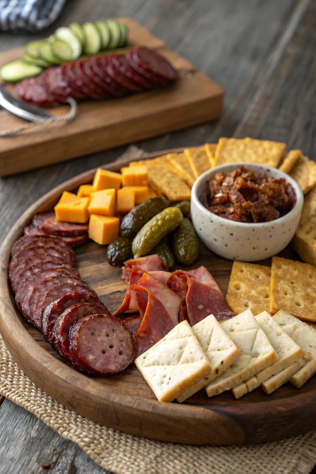 A farmhouse wooden platter sets the perfect stage for your presentation
