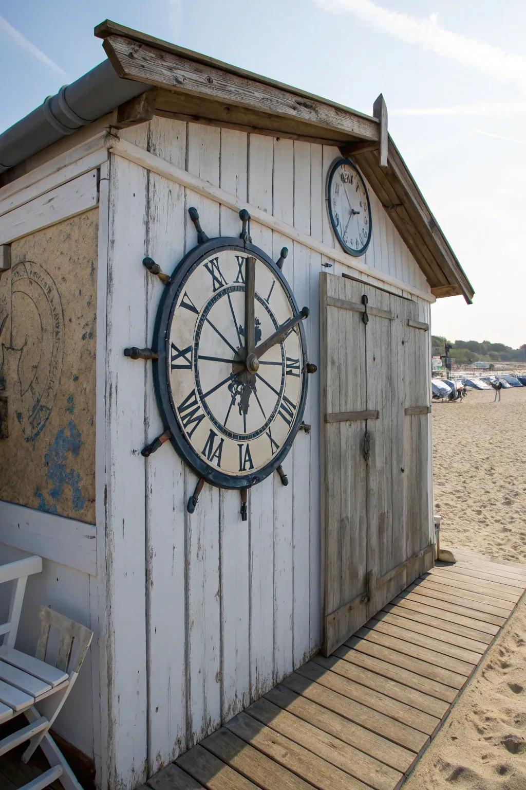 An oversized nautical clock functions as a stylish focal point on the beach shed wall.