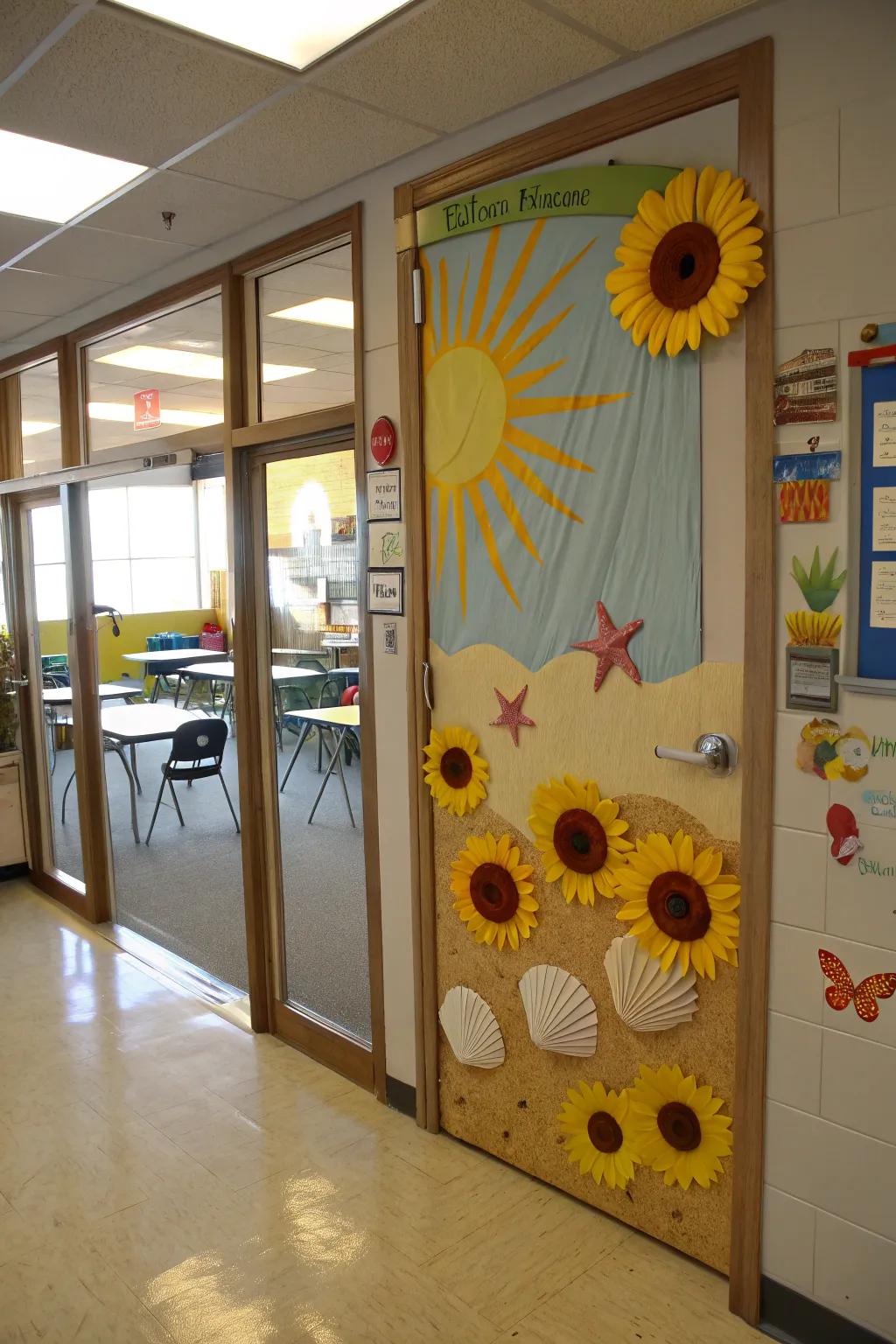 Classroom entrance featuring a cheerful sun and sand theme.