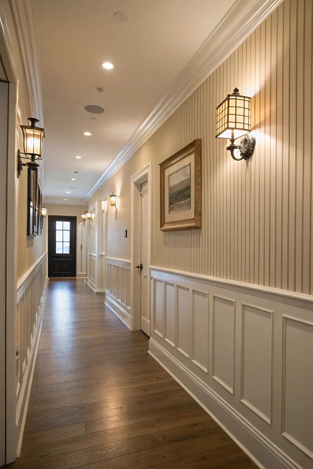 A glamorous hallway with painted <strong>beadboard</strong> walls.” loading=”lazy” class=”pimg”>
	</picture><figcaption>A glamorous hallway with painted <strong>beadboard</strong> walls.</figcaption></figure>
<p>Dress up your hallway with <strong>beadboard</strong> and a fresh coating of paint. It’s an unexpected way to contribute appeal to an area often disregarded in dwelling layout.</p>
<h3>Useful items to consider:</h3>
<ul class=
