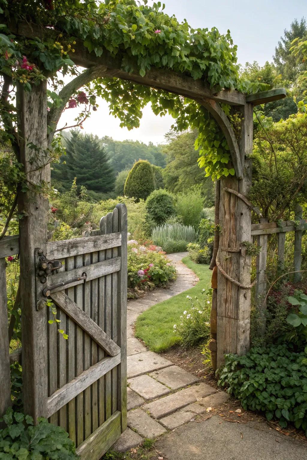 A charming rustic garden gate opens to a lush garden, hinting at the beauty within.