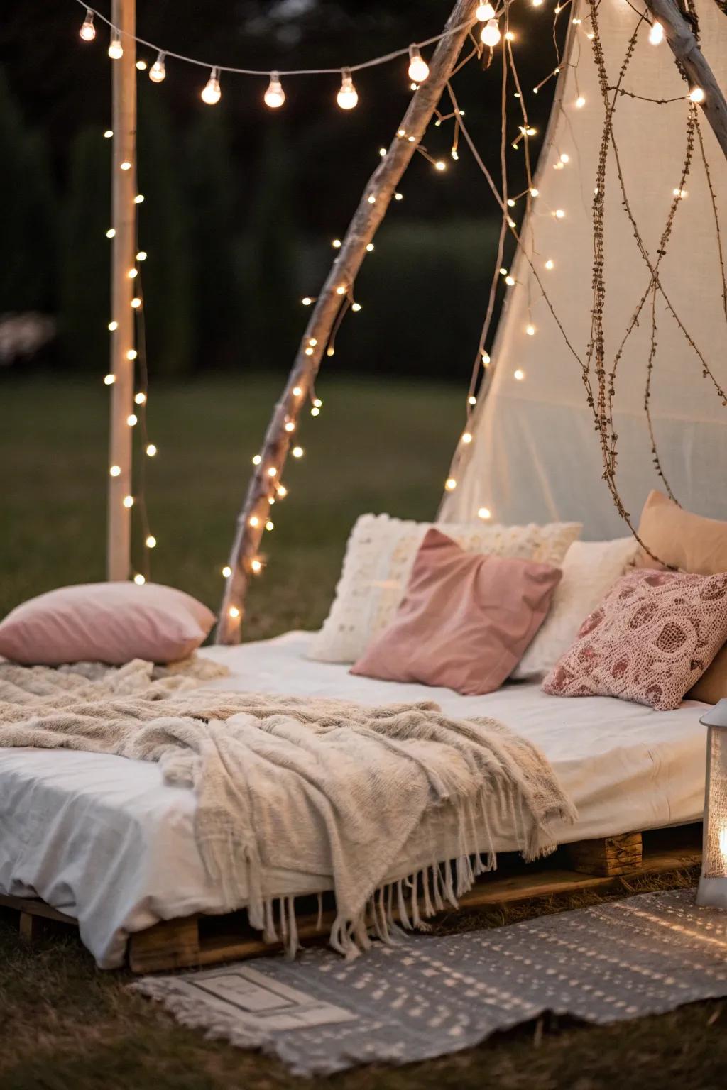 By framing your floor bed with lights, you can add a sense of whimsy to the space.