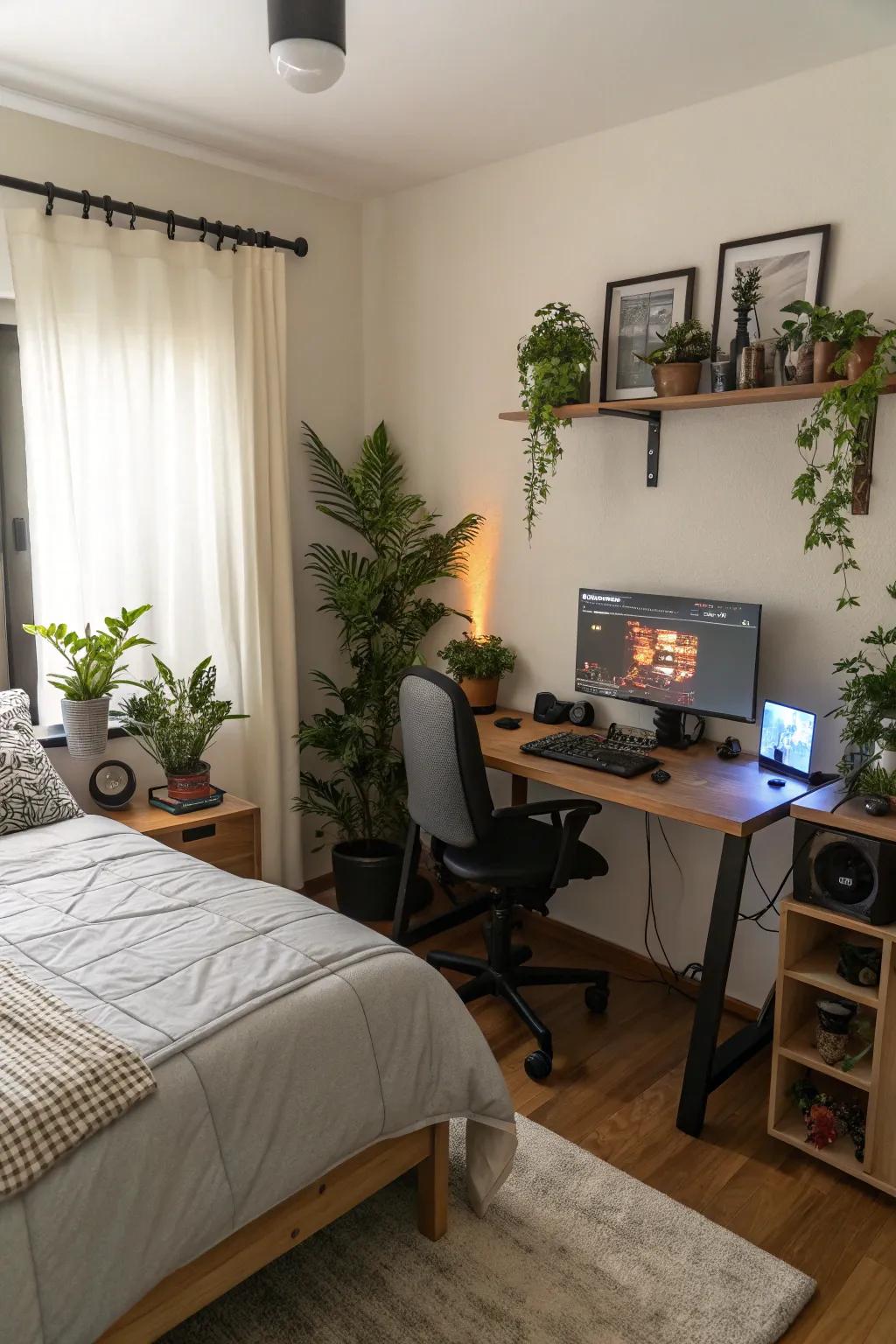 Nature-inspired decorations balance the tech-heavy space.