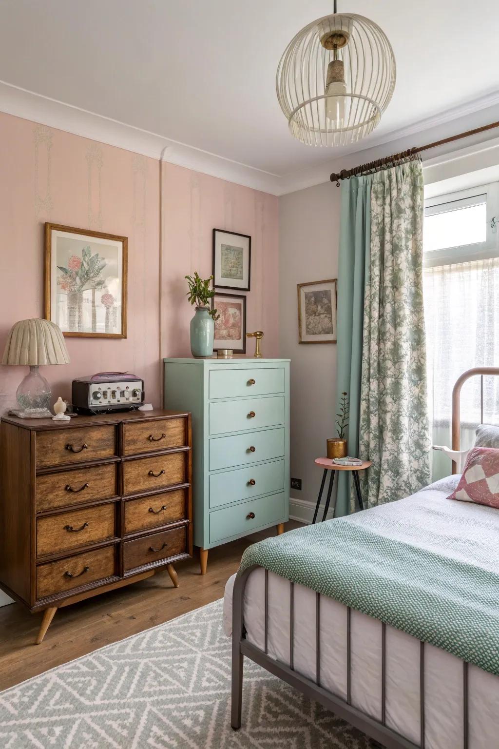 Vintage pieces bring character and contrast to the contemporary design.