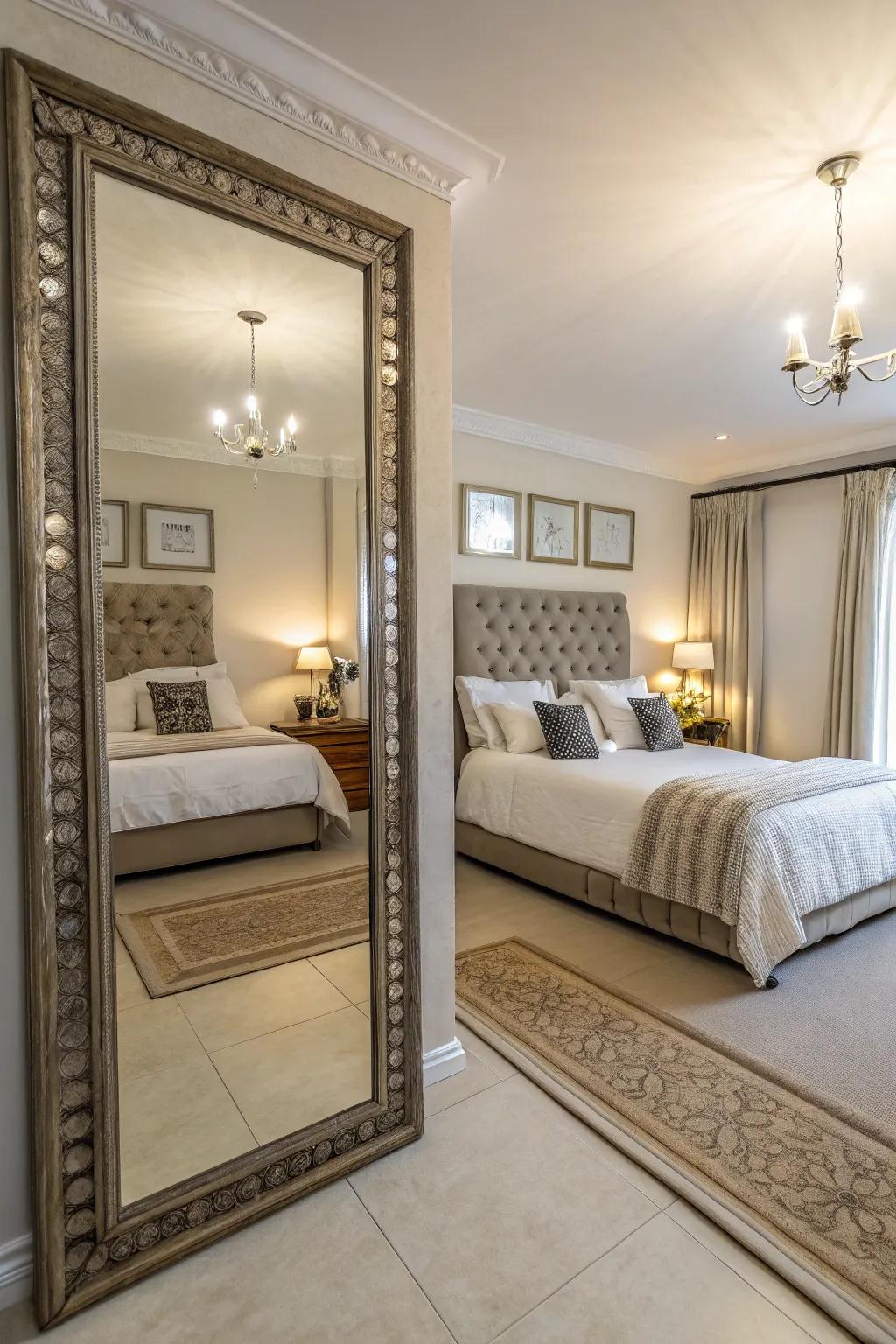 Looking glasses improve light and space in this fashionable bedroom.