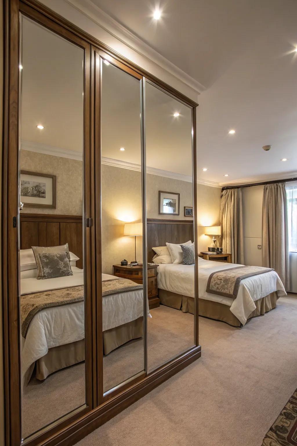 A bedroom featuring strategically positioned mirrors intended to amplify space.
