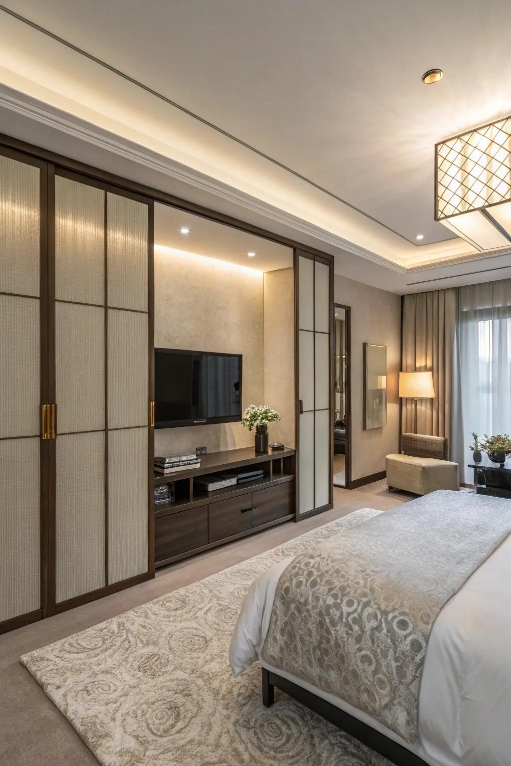 Sliding panels present a stylish method to conceal your TV when not in use.