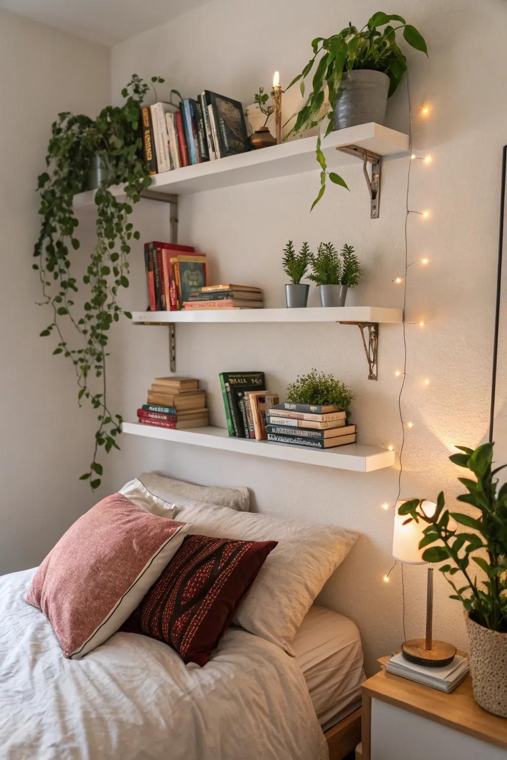 Suspended surfaces provide practical and stylish display solutions for bedroom walls.