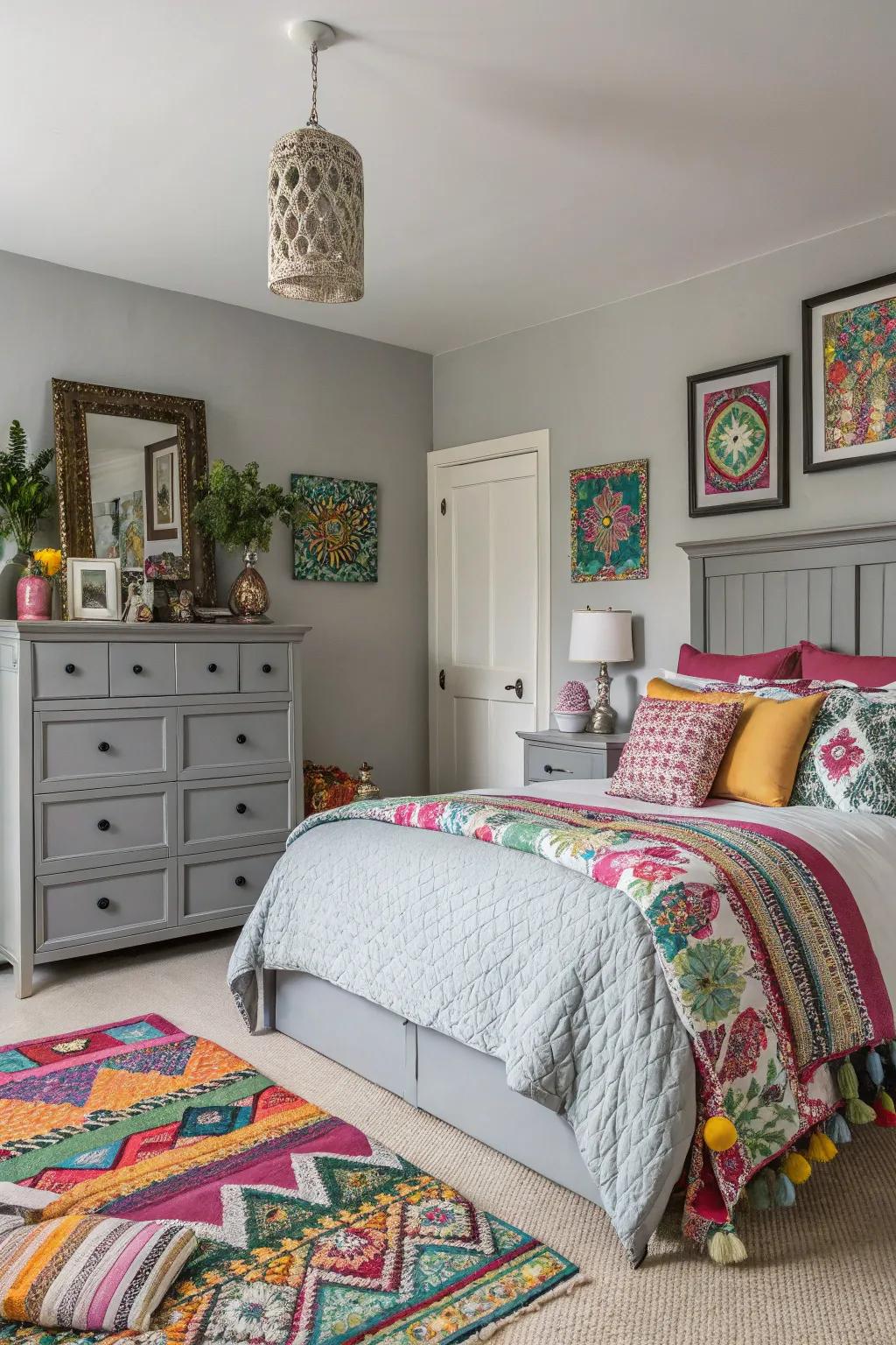 Grey furniture balancing an assorted blend of colors.