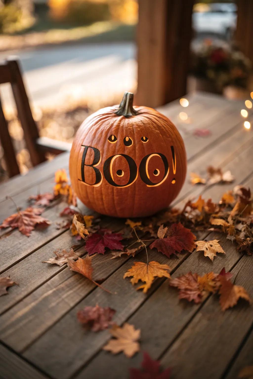 This exquisitely carved 'Boo!' pumpkin combines craftsmanship and Halloween spirit.