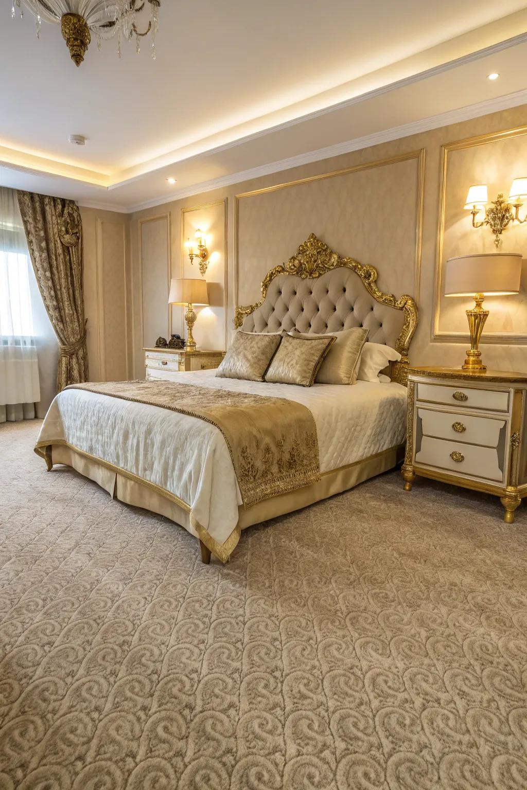 A glimmer of gold adds a luxurious feel to this beige carpeted bedroom.