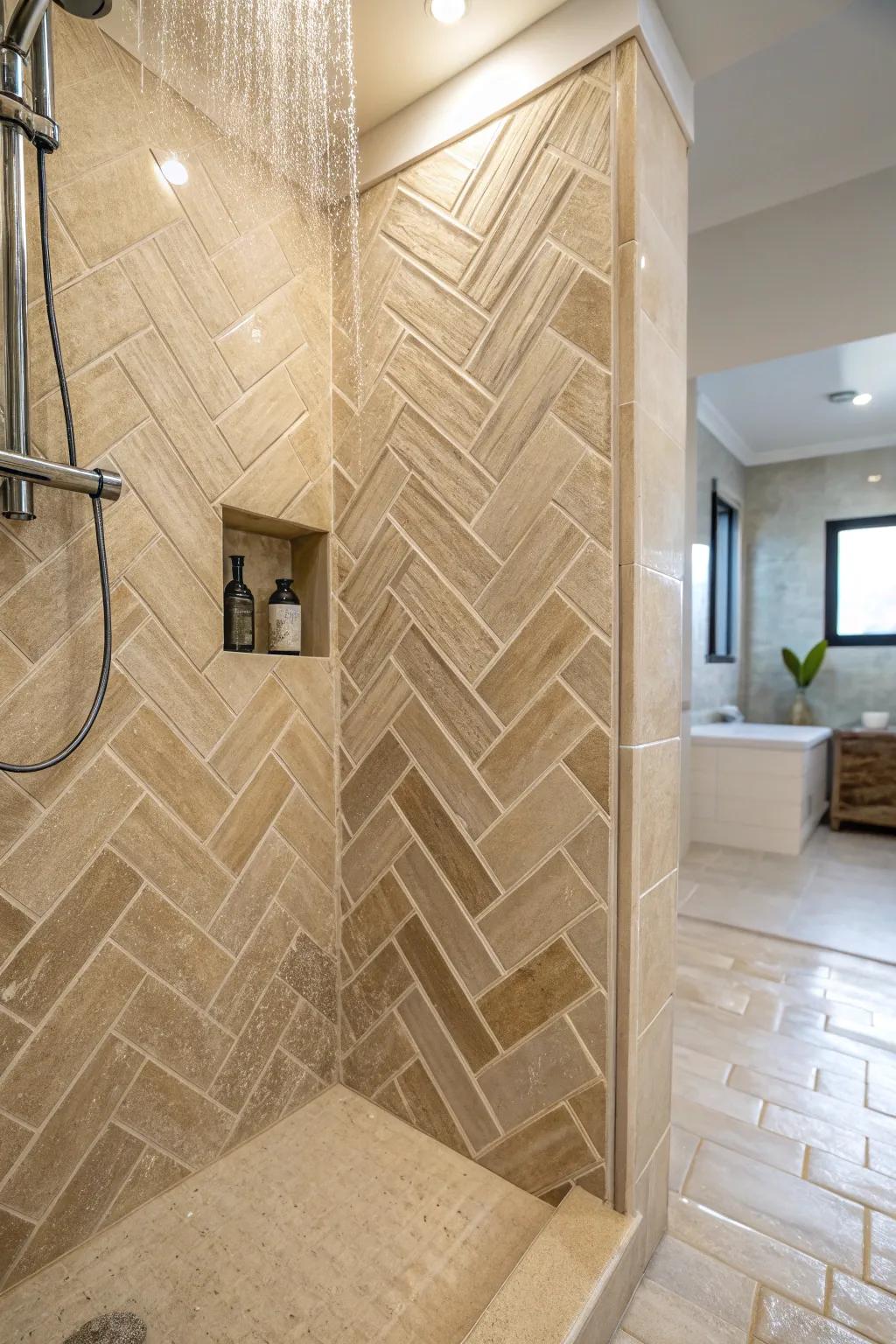 Herringbone pattern adds dynamic elegance to your shower.