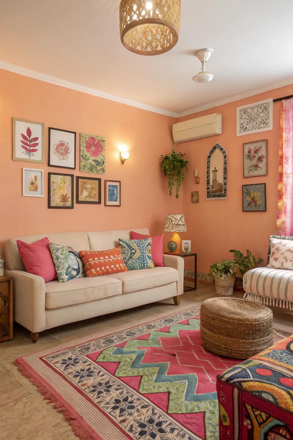 Apricot walls bring a lively and welcoming energy.