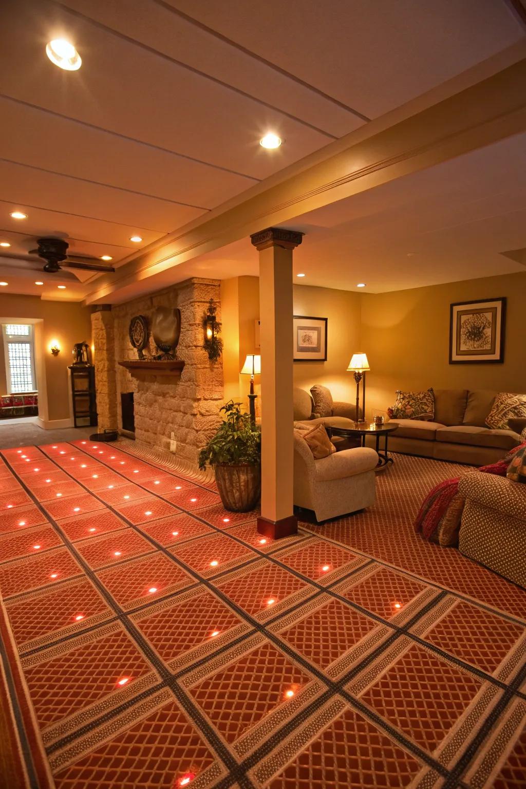 Underfloor heating adds warmth and comfort to basement floors.