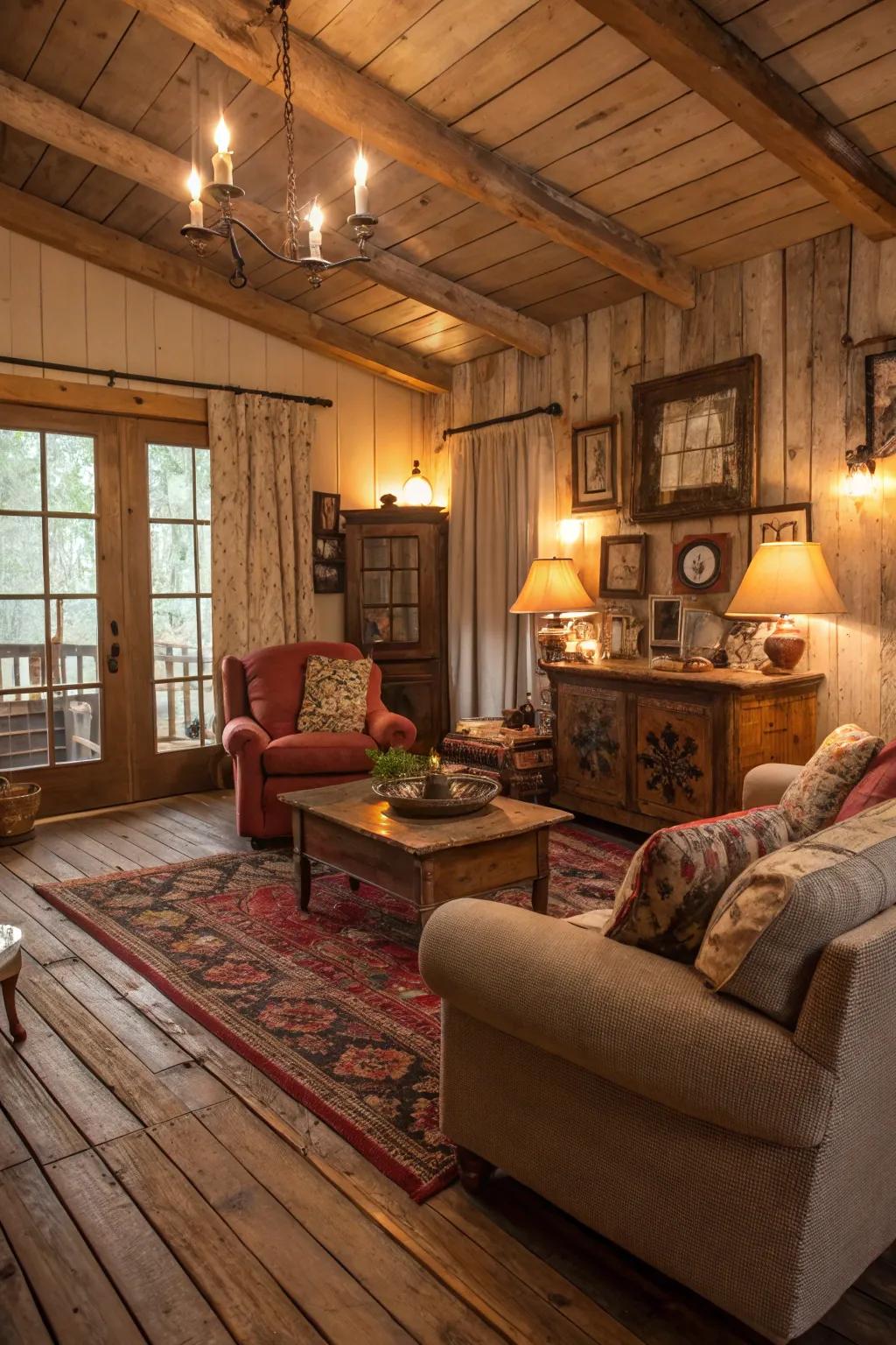 Recovered timber flooring adds rustic charm and character.