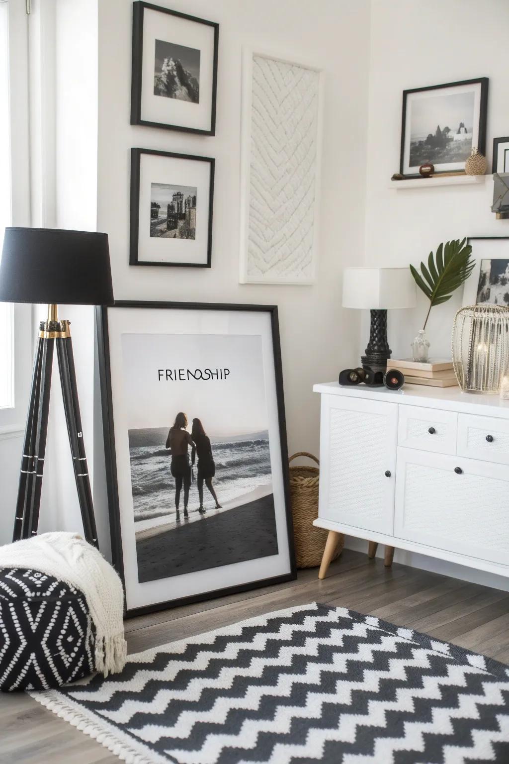 A monochrome poster adding depth and sophistication to a stylish space.