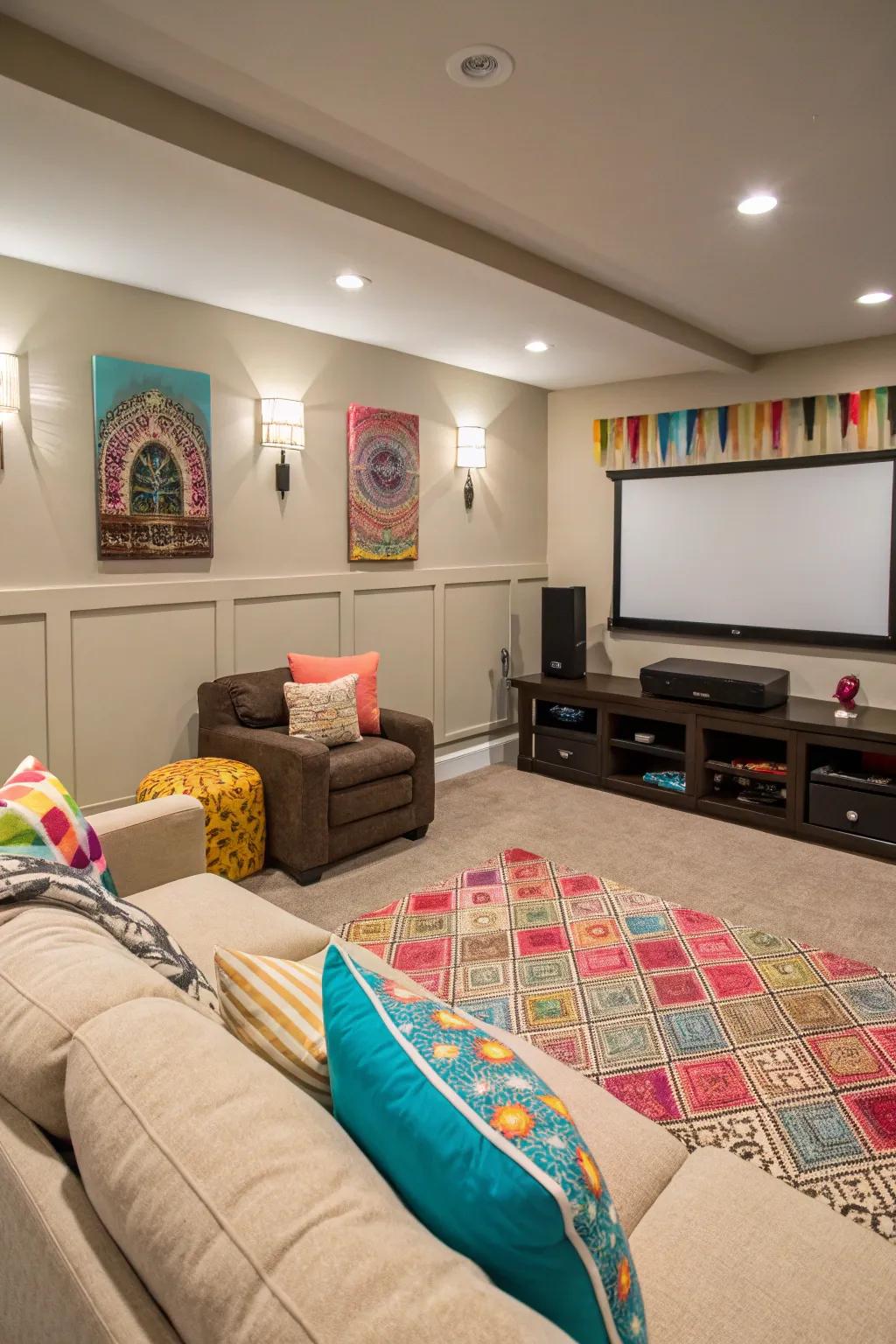 A harmonious balance of neutrals and color in this inviting theater space.