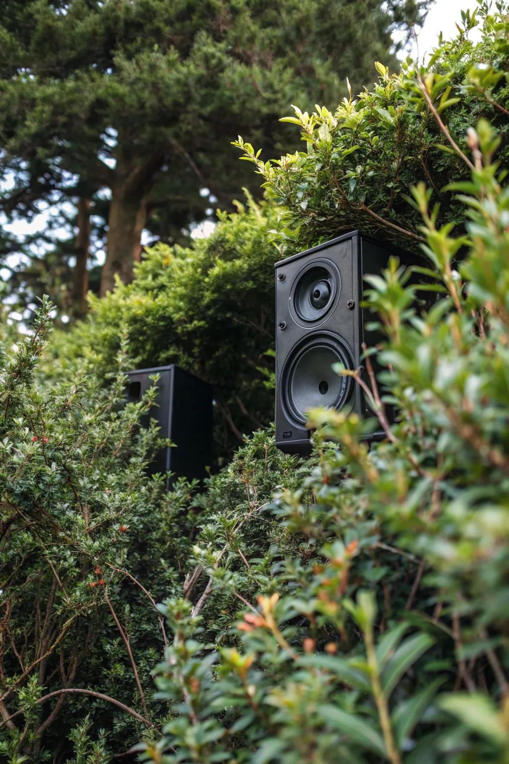 Hidden speakers in greenery provide sound without disrupting the natural view.