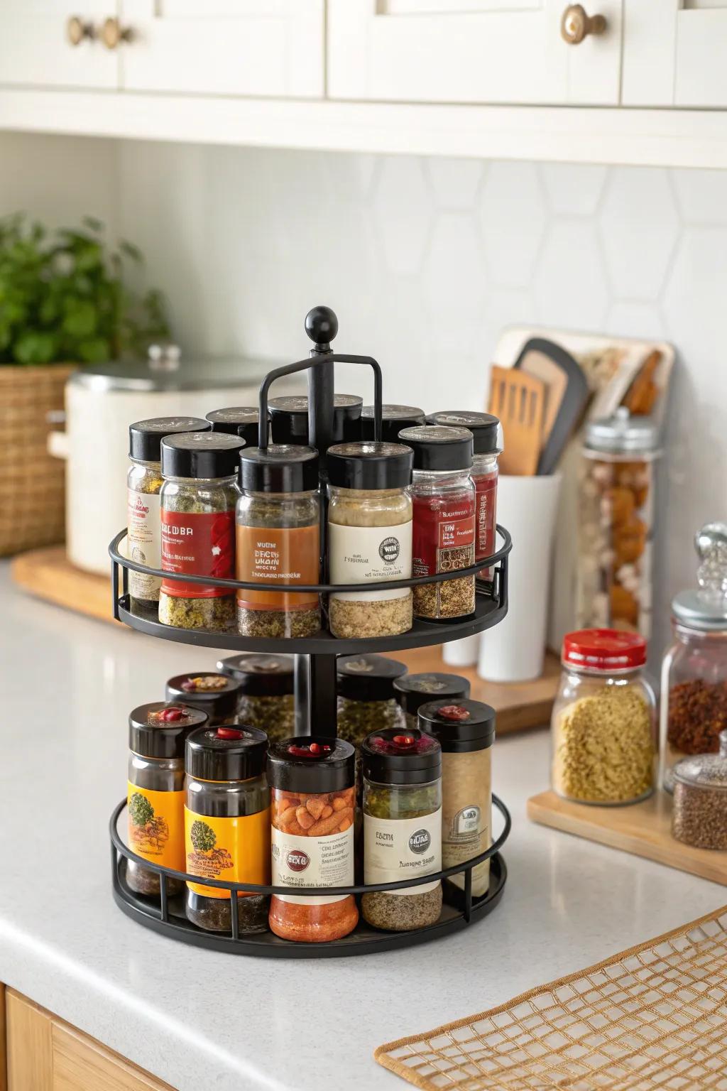 A spice carousel adds flair to your kitchen.