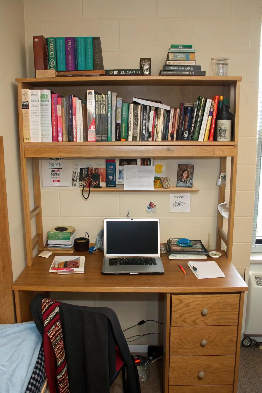 Take advantage of desk space with standing shelves.
