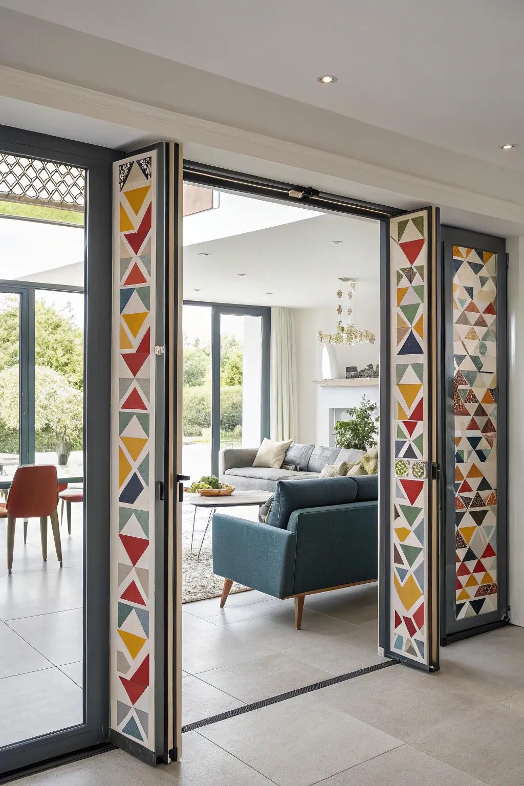 Geometric patterned pulls make a bold statement on folding doors.