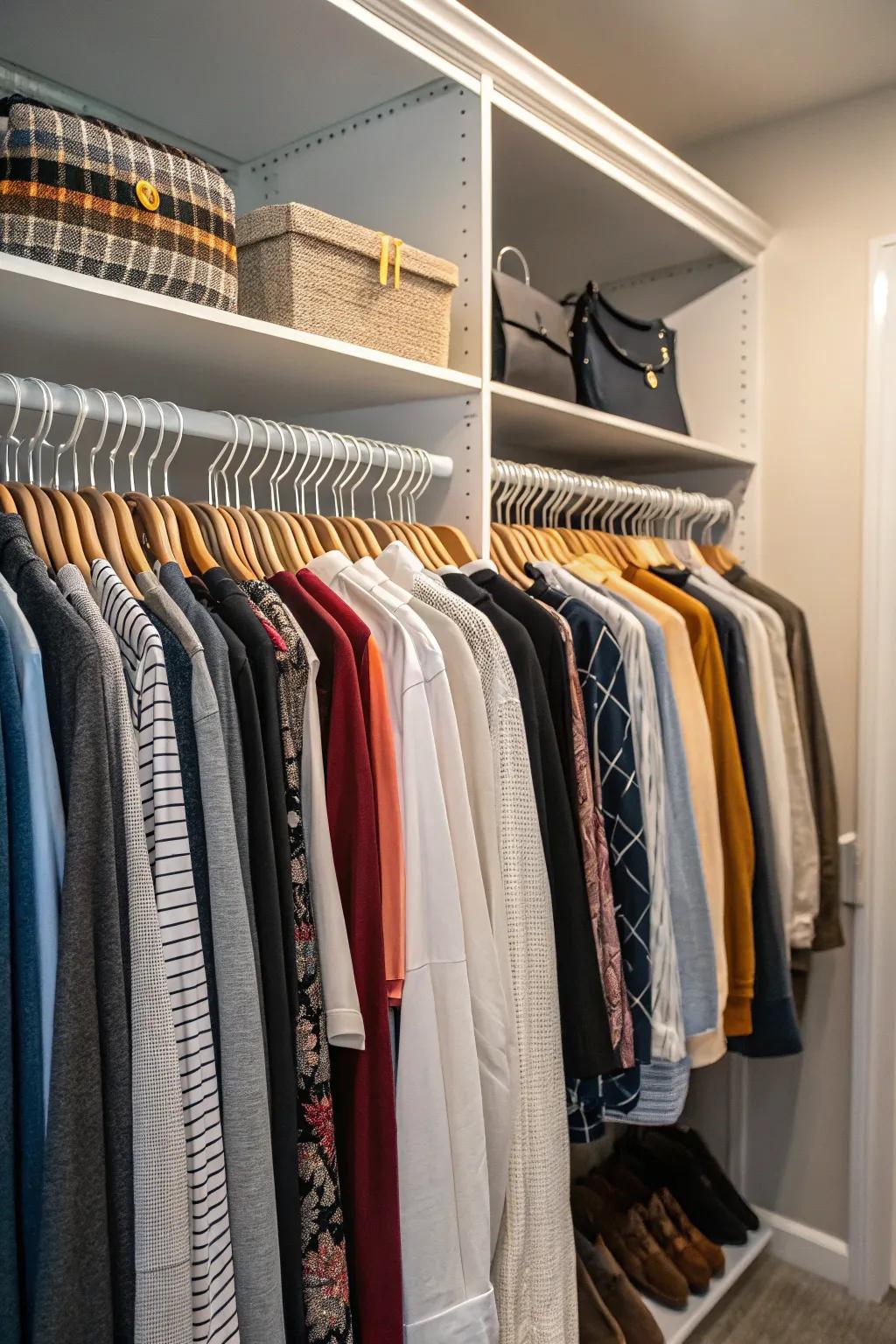 A closet with superior hangers neatly arranging clothes.