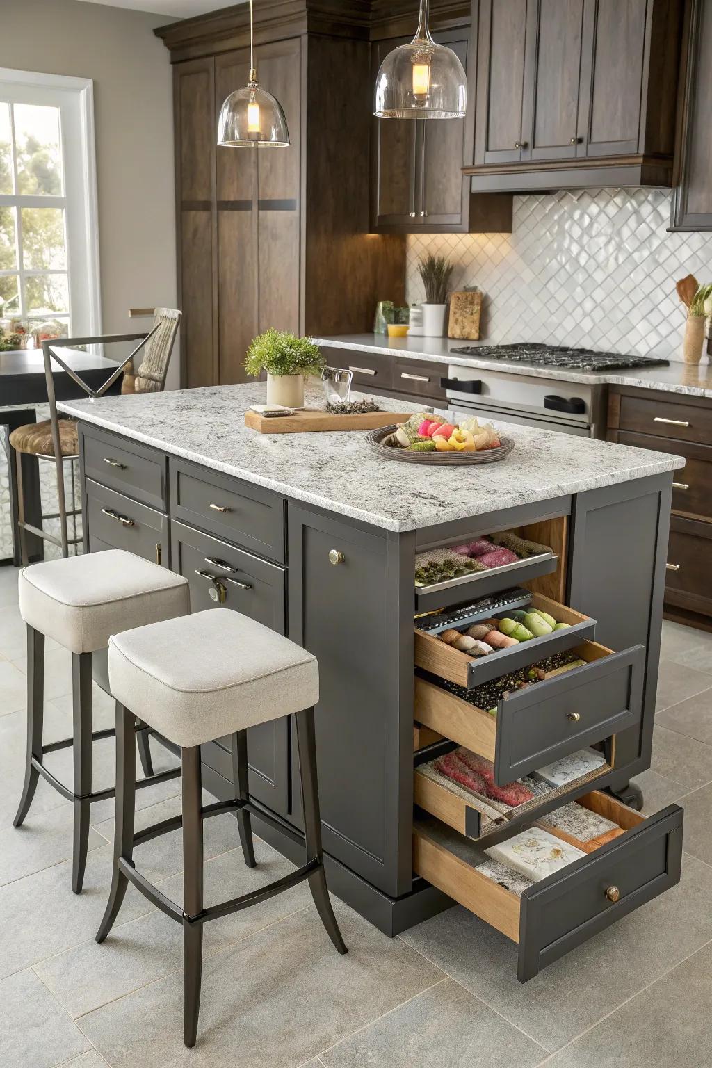 A multi-use island maximizes utility in the kitchen.