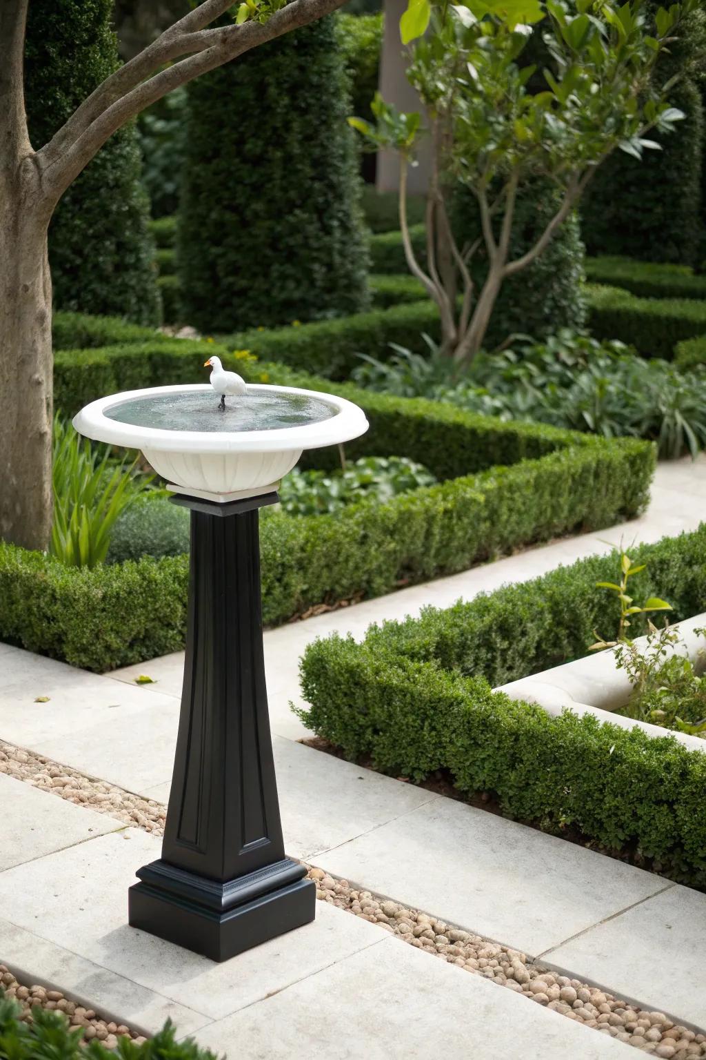 A sleek black and white bird bath providing a modern touch to a vibrant garden.