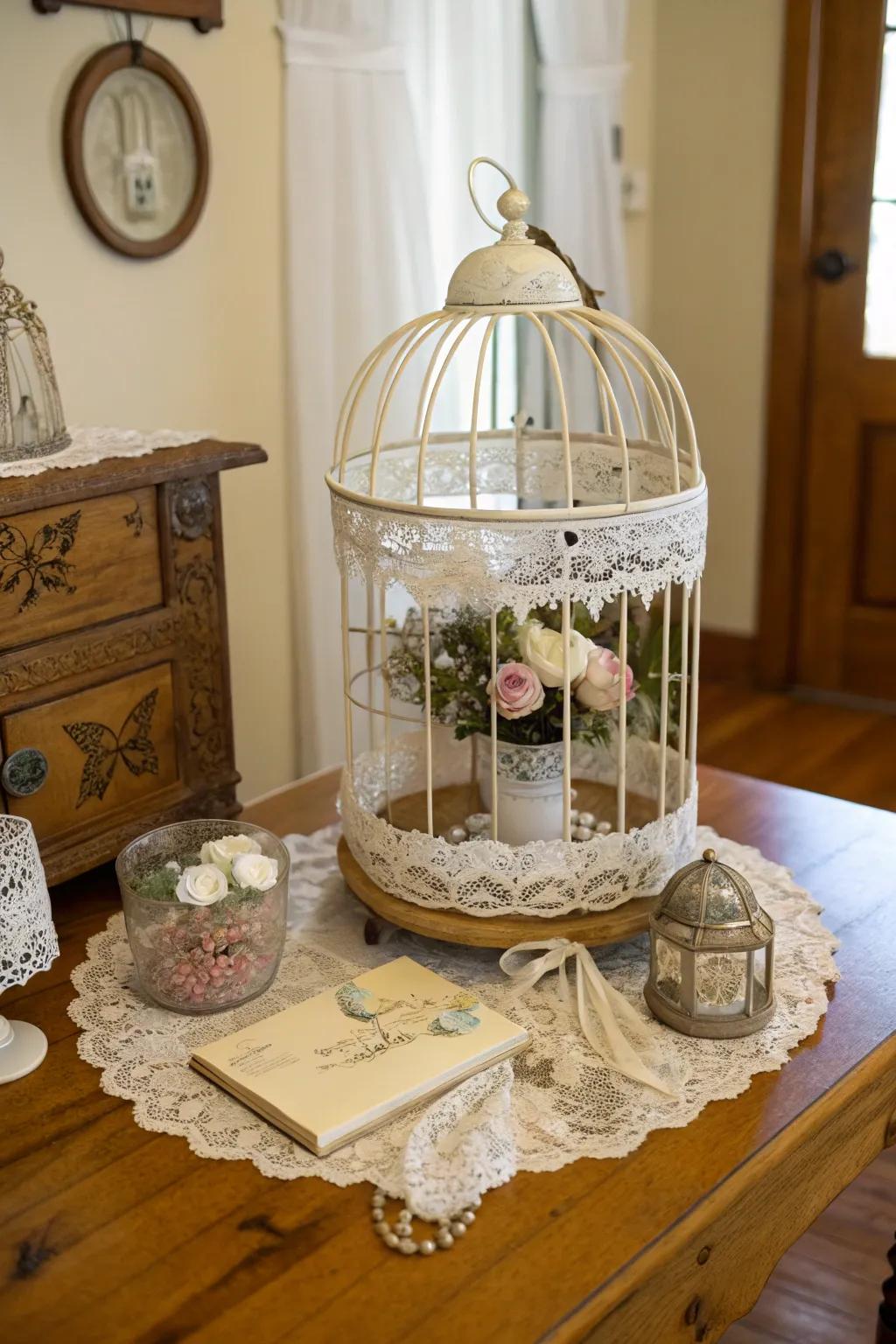 A vintage-themed bird cage centerpiece presenting delightful details.