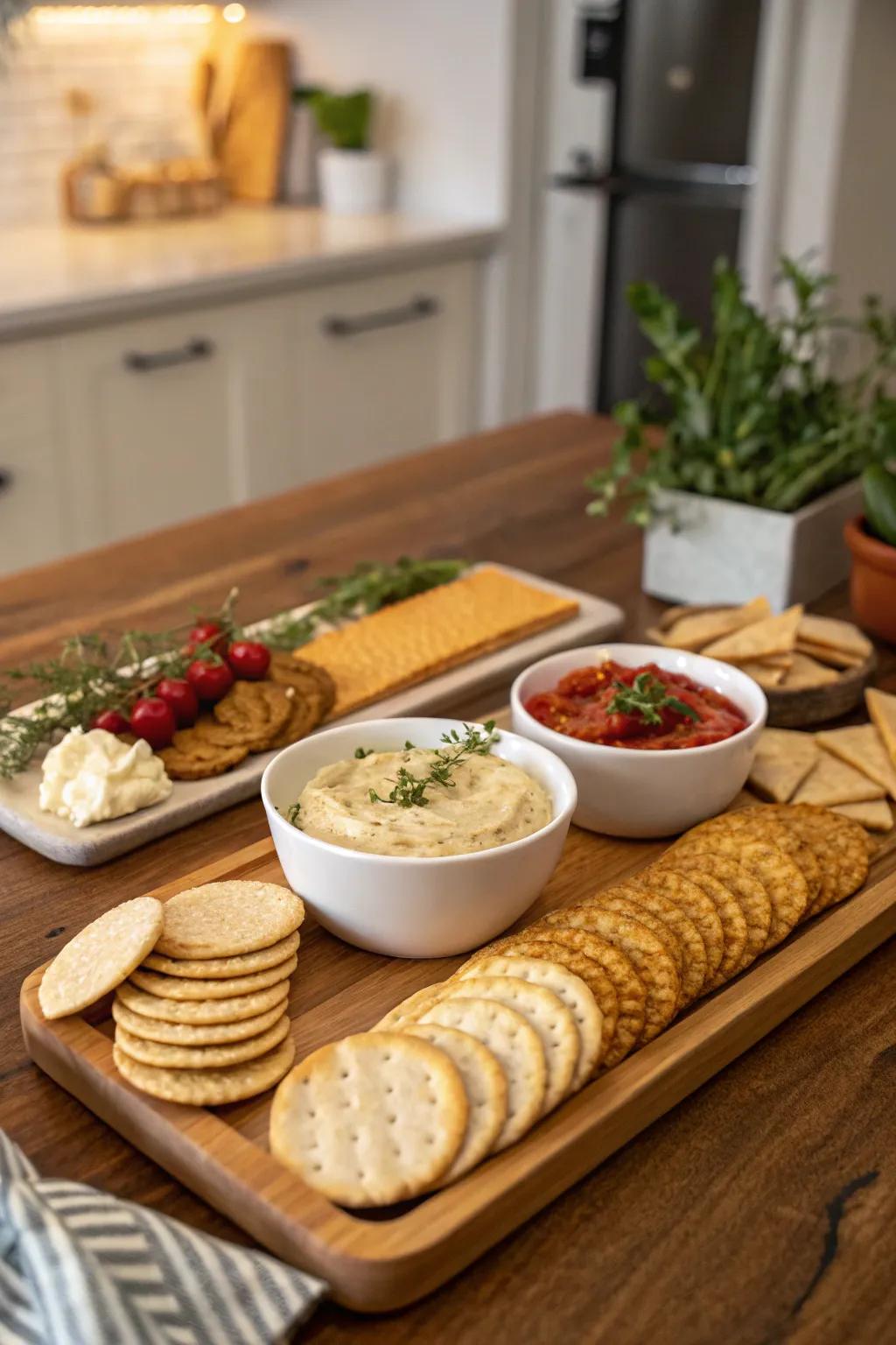 Premium crackers and dipping sauces provide delightful pairings for any event.