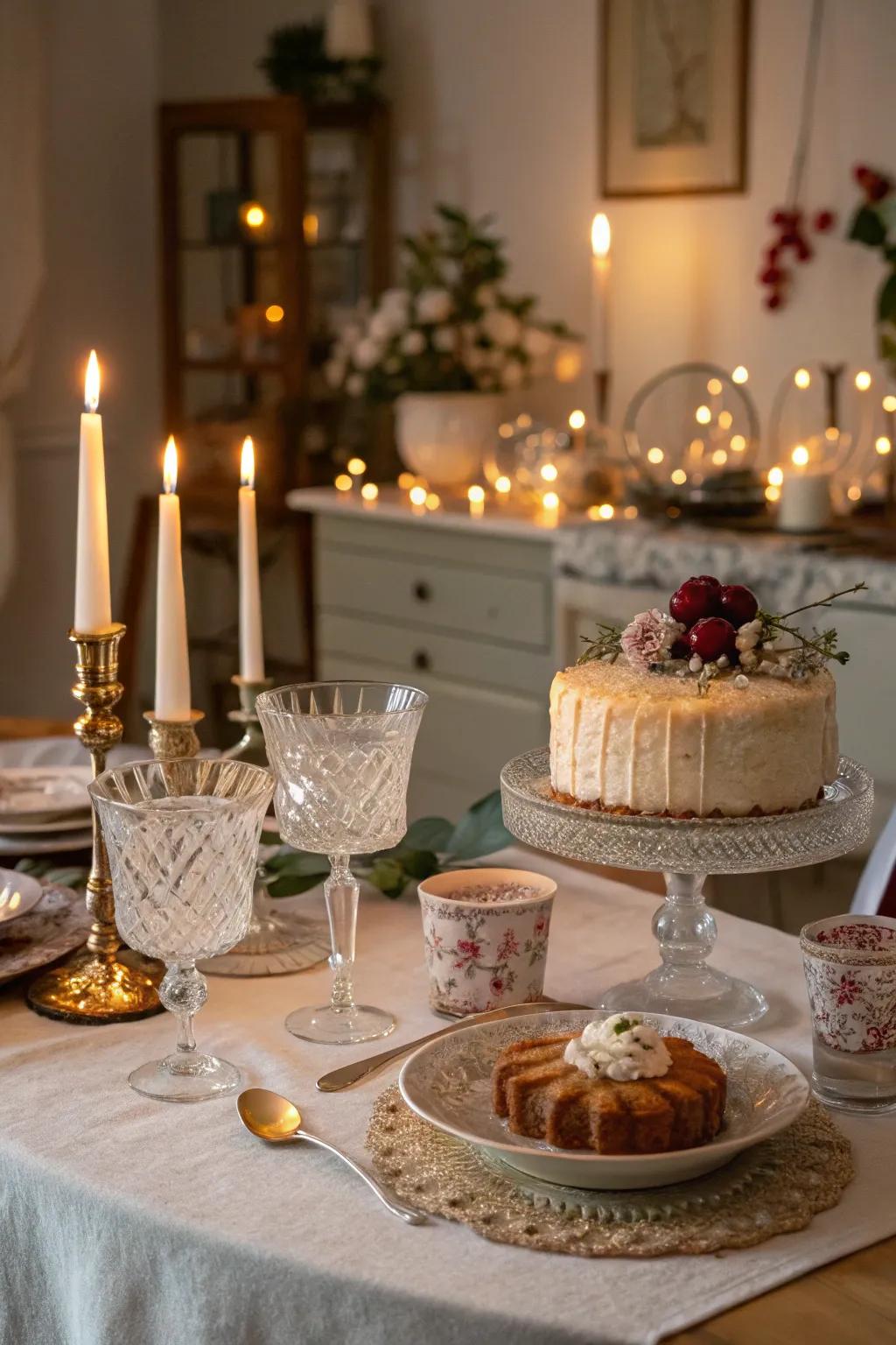 Timeless glassware contributes elegance and nostalgia.